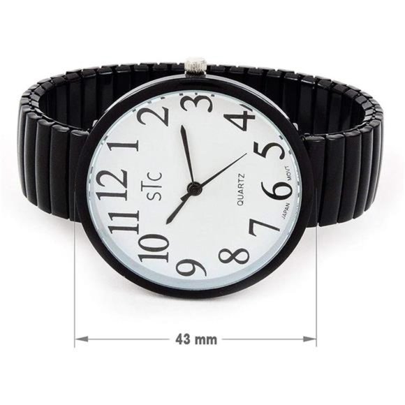 Black Super Large Face Stretch Band Easy to Read Watch - Picture 2 of 5